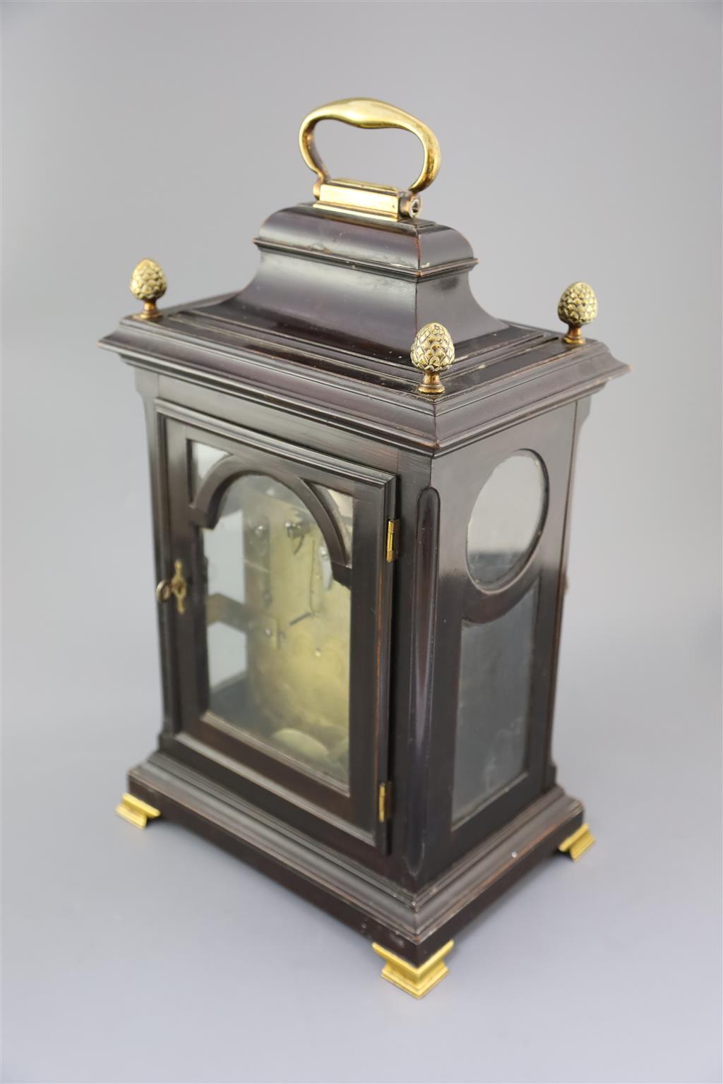 John Fladgate of London. A George III ebonised pear wood repeating bracket clock, height 16.5in.